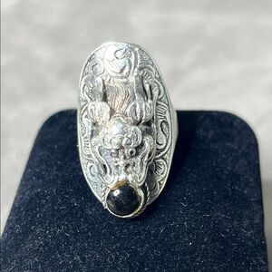 Vint Chinese Naga Dragon Ring 925 Silver Black Tourmaline & Turquoise size 4.75